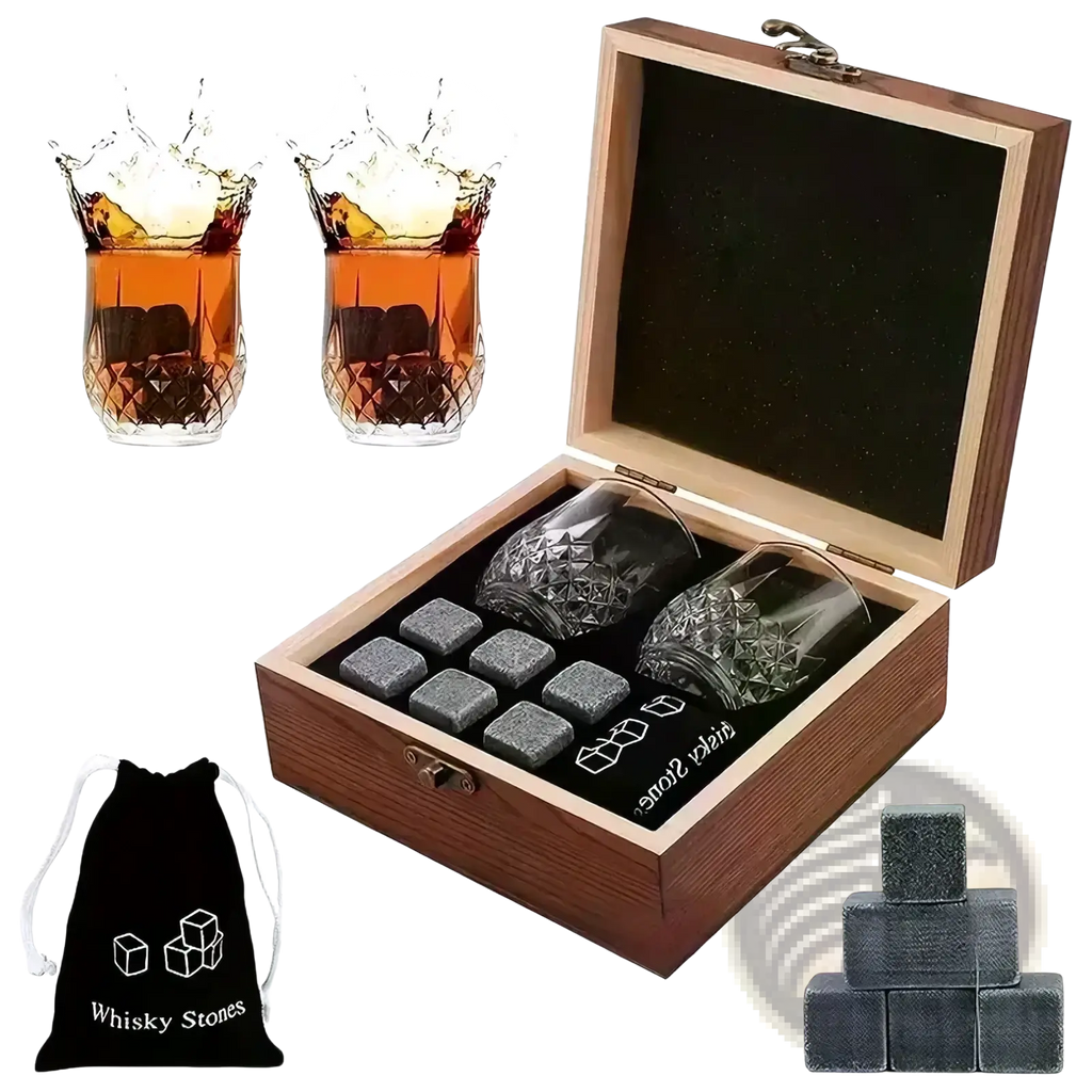 Set of two crystal-cut whiskey glasses with diamond-patterned bases and twelve dark gray stone cubes in wooden box