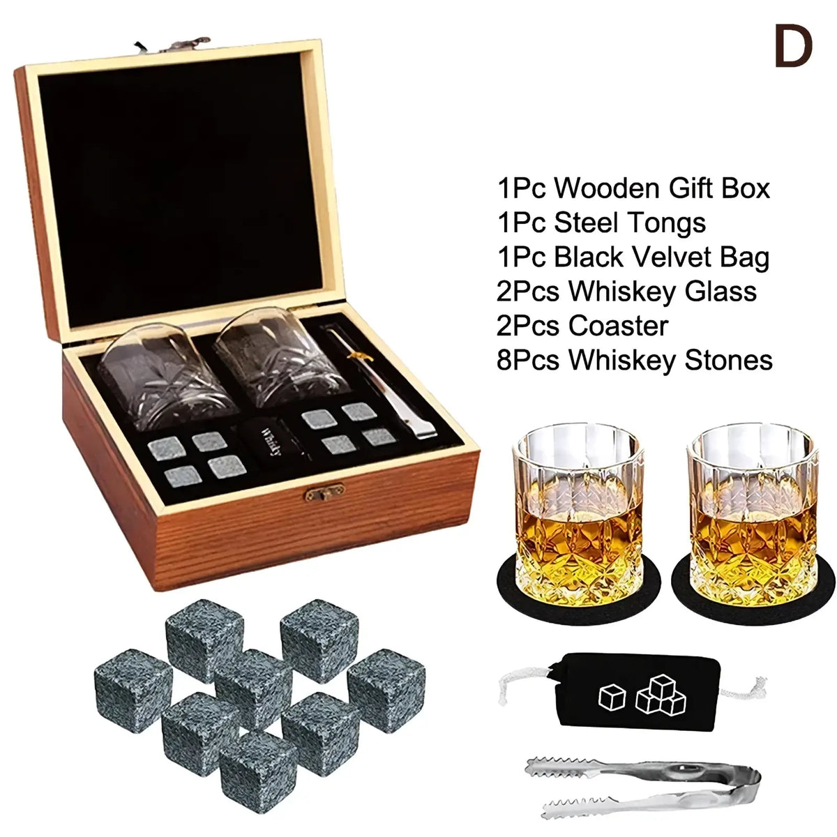 Wooden gift box set with two whiskey glasses steel tongs black velvet bag coasters and eight whiskey stones for chilling