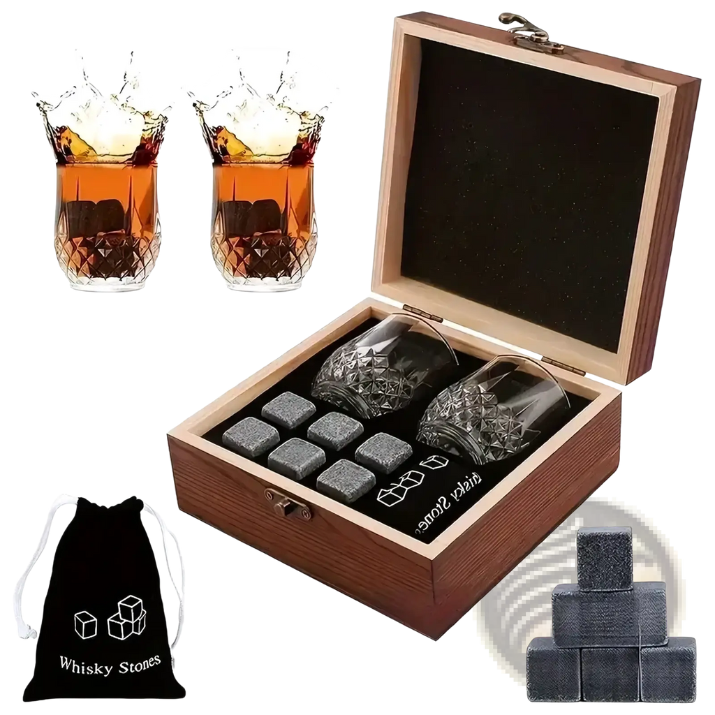 Whiskey stones gift set with twelve dark gray textured stones in a wooden box with two crystal glasses and a black bag