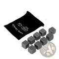 Whiskey stones gift set featuring nine dark gray cube-shaped whiskey stones in a black velvet bag for chilling drinks