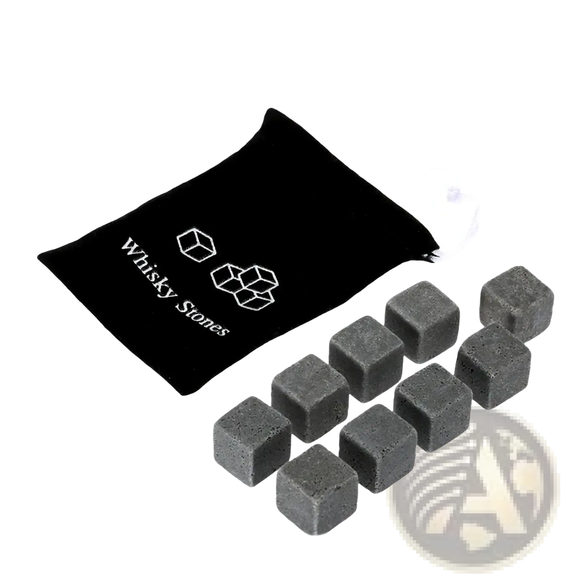 Whiskey stones gift set featuring nine dark gray cube-shaped whiskey stones in a black velvet bag for chilling drinks