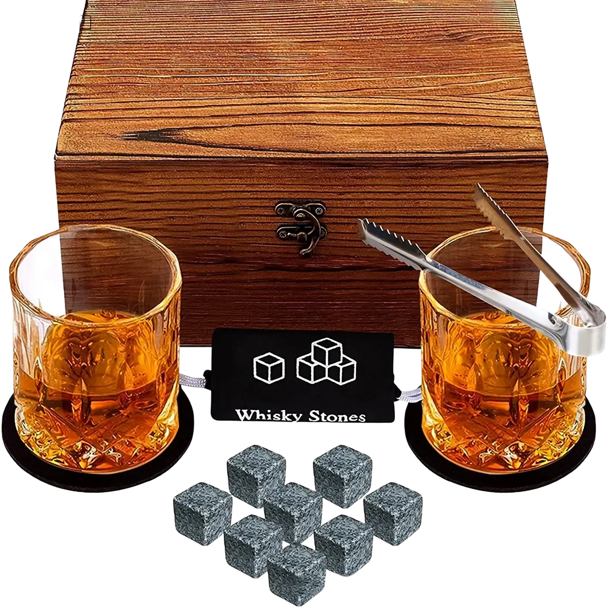 Whiskey stones gift set with eight gray stone cubes wooden box and two textured glass tumblers with amber whisky and ice