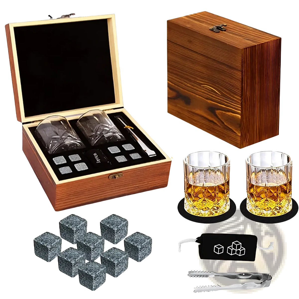 Wooden box whiskey stones gift set with two crystal glasses gray stone cubes and silver tongs for chilling whiskey