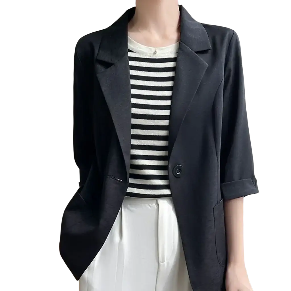 Black office blazer with sleek minimalist design and three quarter length sleeves for professional wear