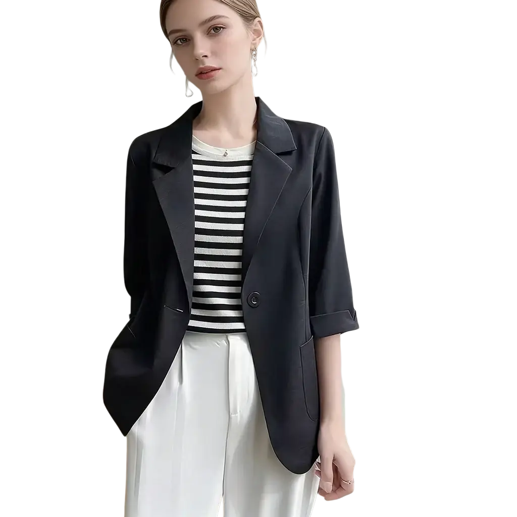 Black tailored blazer with three-quarter length sleeves designed for office wear in a sleek fit