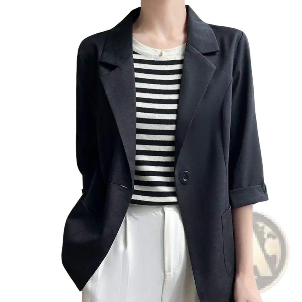 Black office blazer with sleek minimalist design and three quarter length sleeves for professional wear