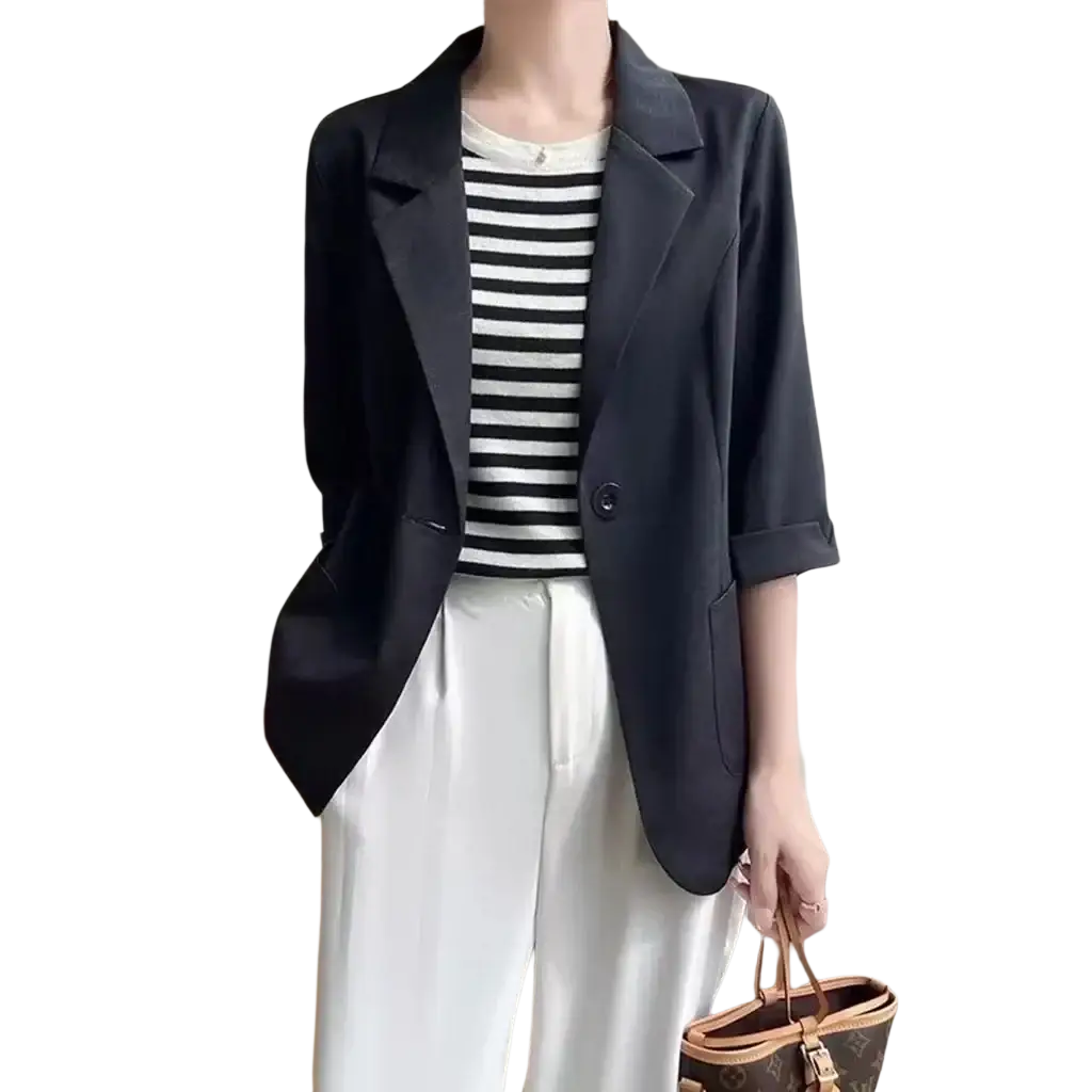 Black office blazer with three-quarter sleeves and single button closure in a formal tailored design