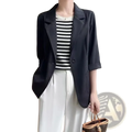 Black office blazer with three-quarter sleeves and single button closure in a formal tailored design