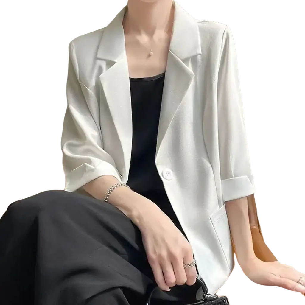 White satin office blazer with three quarter sleeves and a single button closure for a polished look