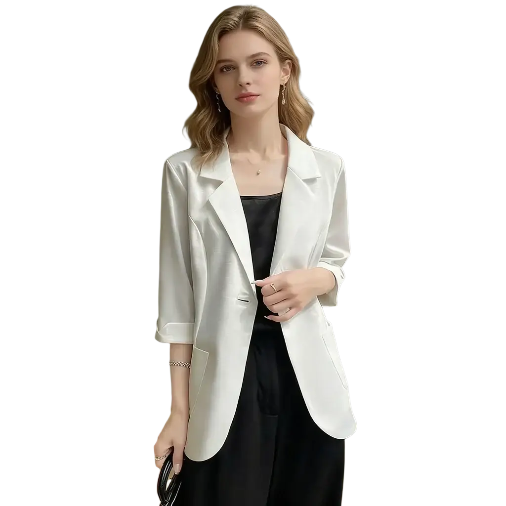 White satin office blazer with three-quarter sleeves featuring a sleek modern design for professional wear