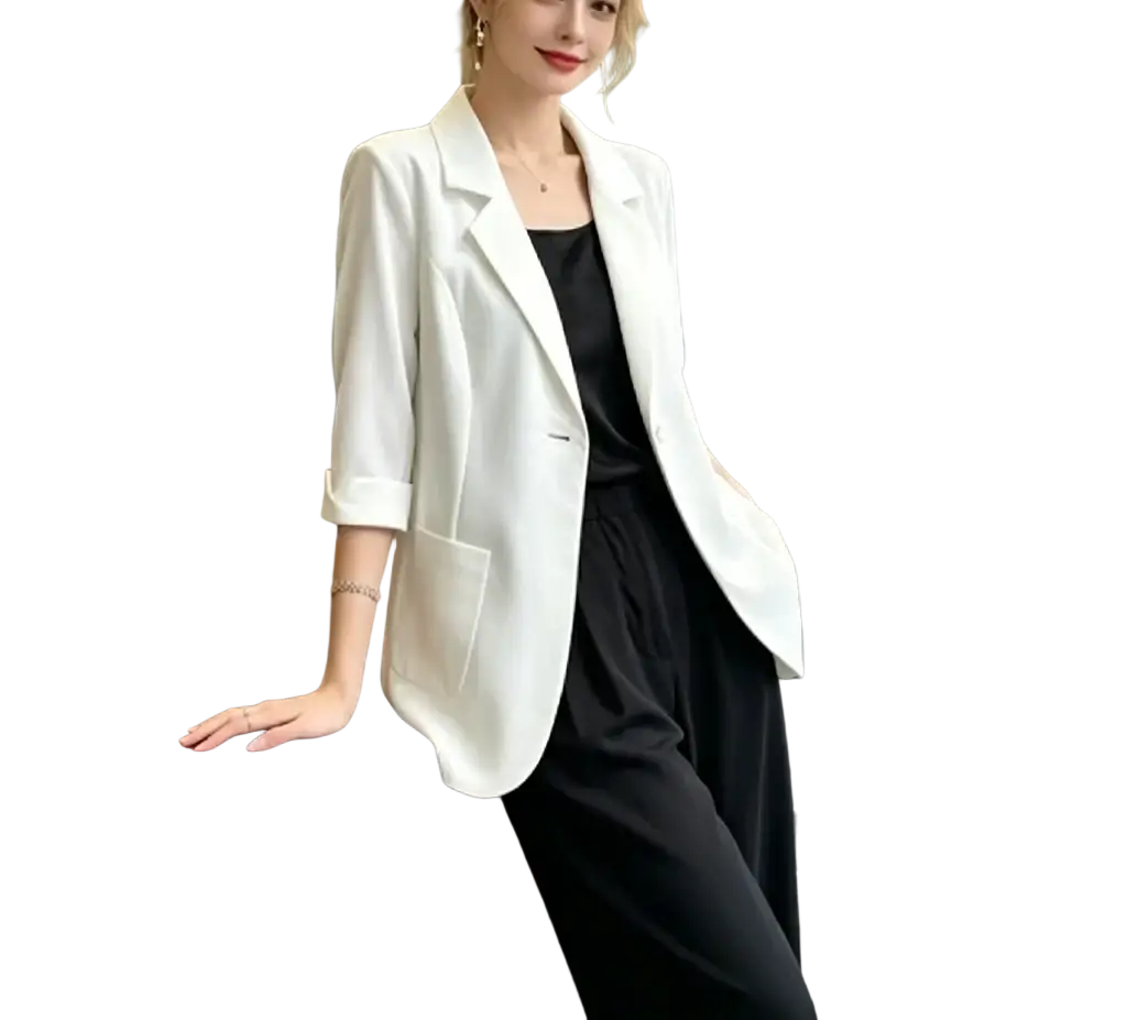White 3/4 sleeve office blazer with a sleek modern design and tailored fit for professional wear