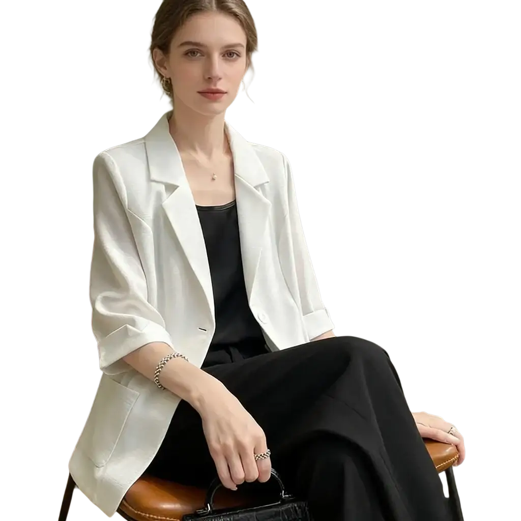 White 3/4 sleeve office blazer with sleek modern design ideal for professional wear in lightweight fabric