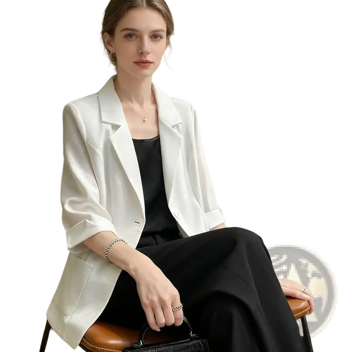 White 3/4 sleeve office blazer with sleek modern design ideal for professional wear in lightweight fabric