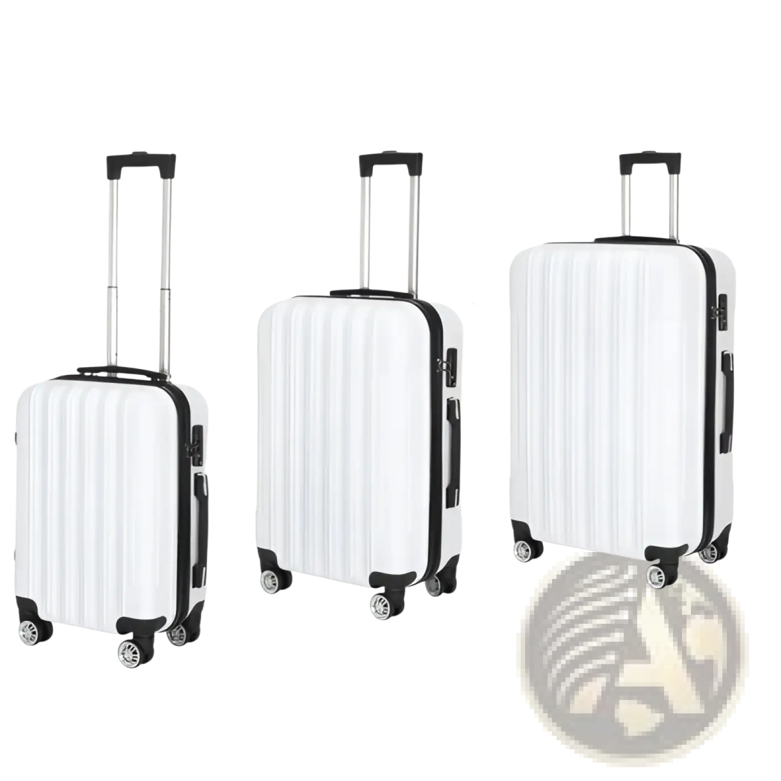 Set of three white hard shell spinner suitcases with black trim and wheels for durable travel convenience
