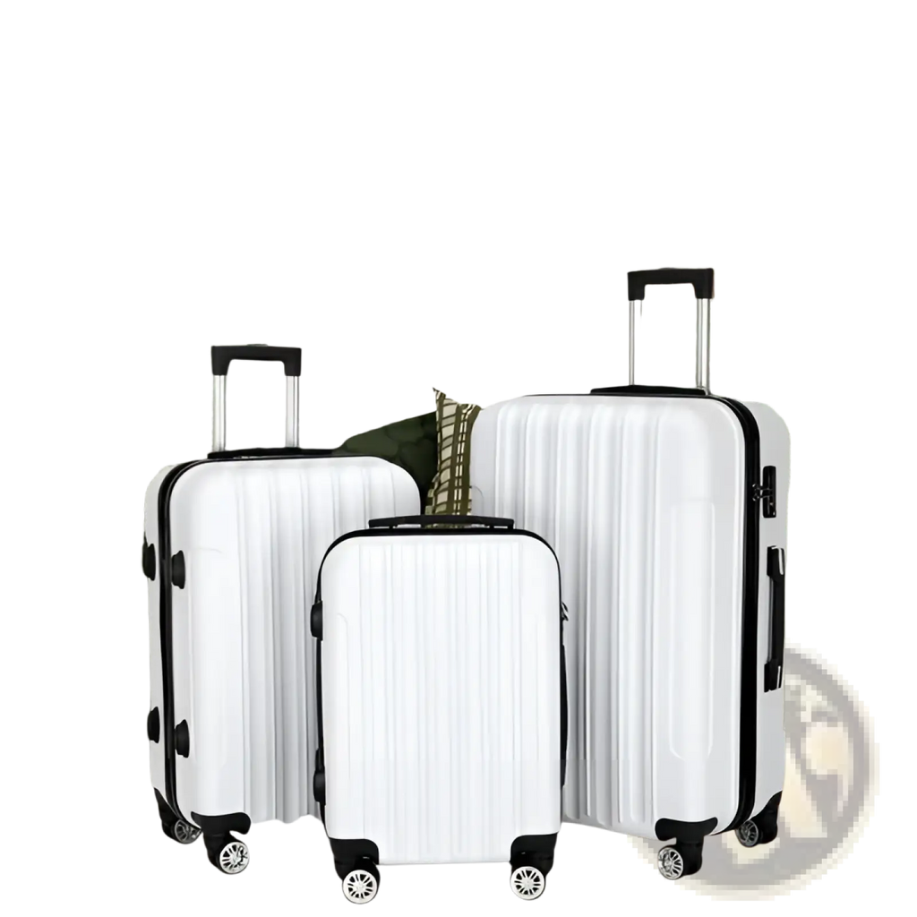 Set of three white hard shell spinner suitcases with black trim and wheels in a 3 piece luggage set