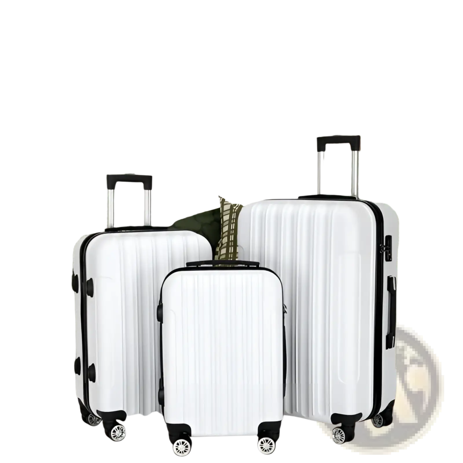 Set of three white hard shell spinner suitcases with black trim and wheels in a 3 piece luggage set