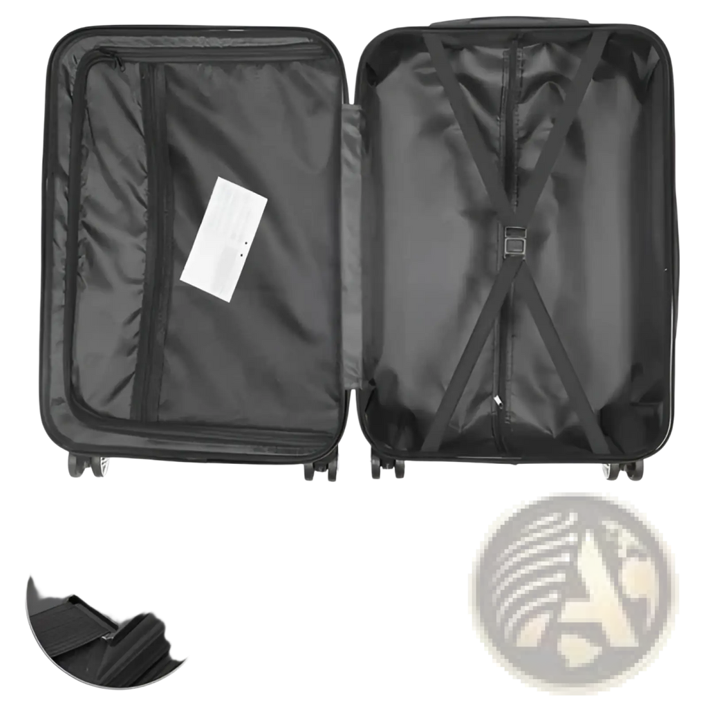 Black hard shell spinner suitcase with sleek modern design and four wheels from white 3 piece hard shell set