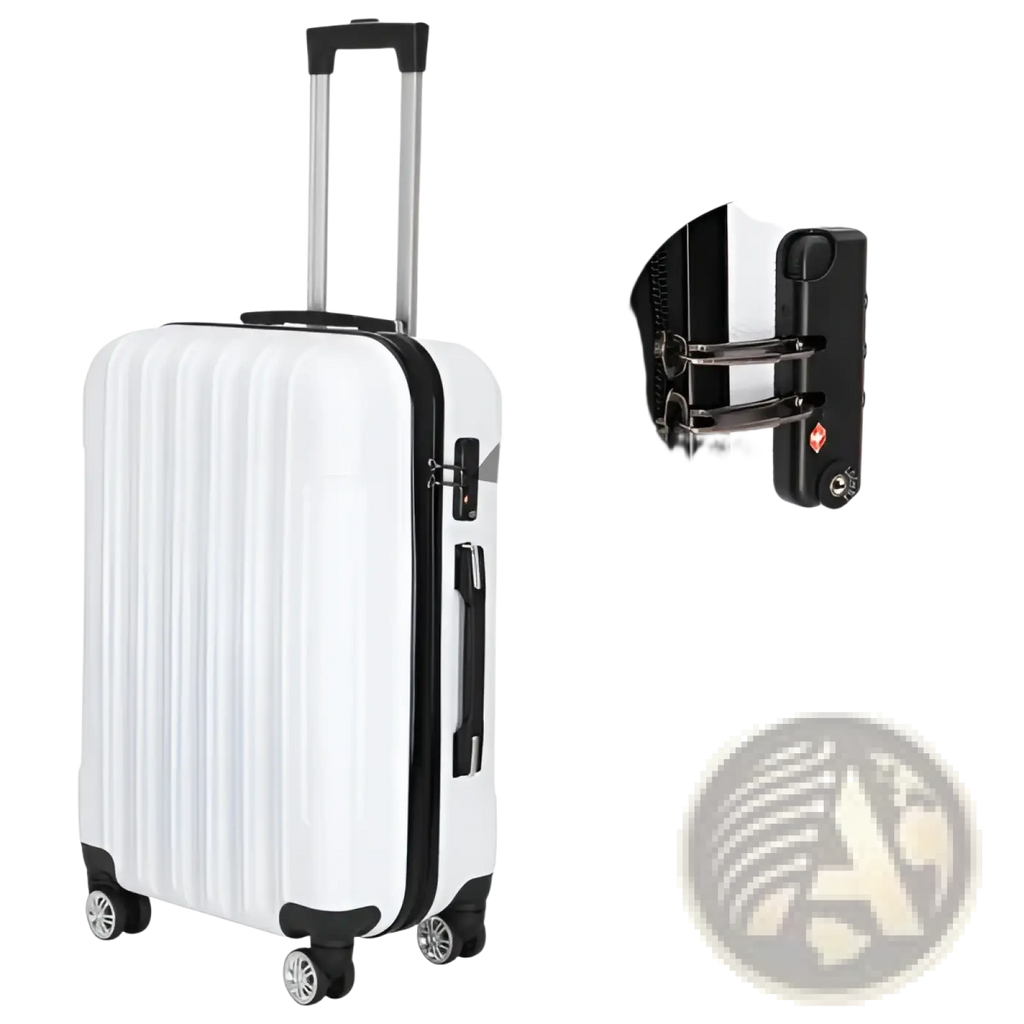 White 3 piece hard shell spinner suitcase set featuring a white hard shell suitcase with black trim and silver handle and wheels