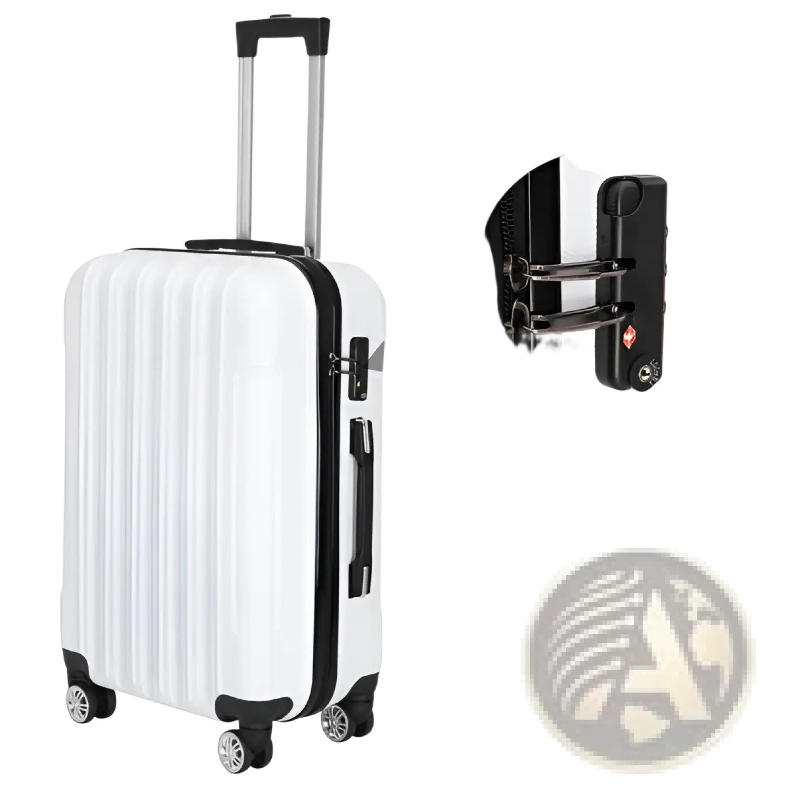 White 3 piece hard shell spinner suitcase set featuring a white hard shell suitcase with black trim and silver handle and wheels