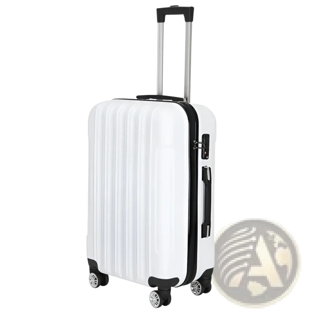 White hard shell spinner suitcase with black trim handle and wheels from a three piece set