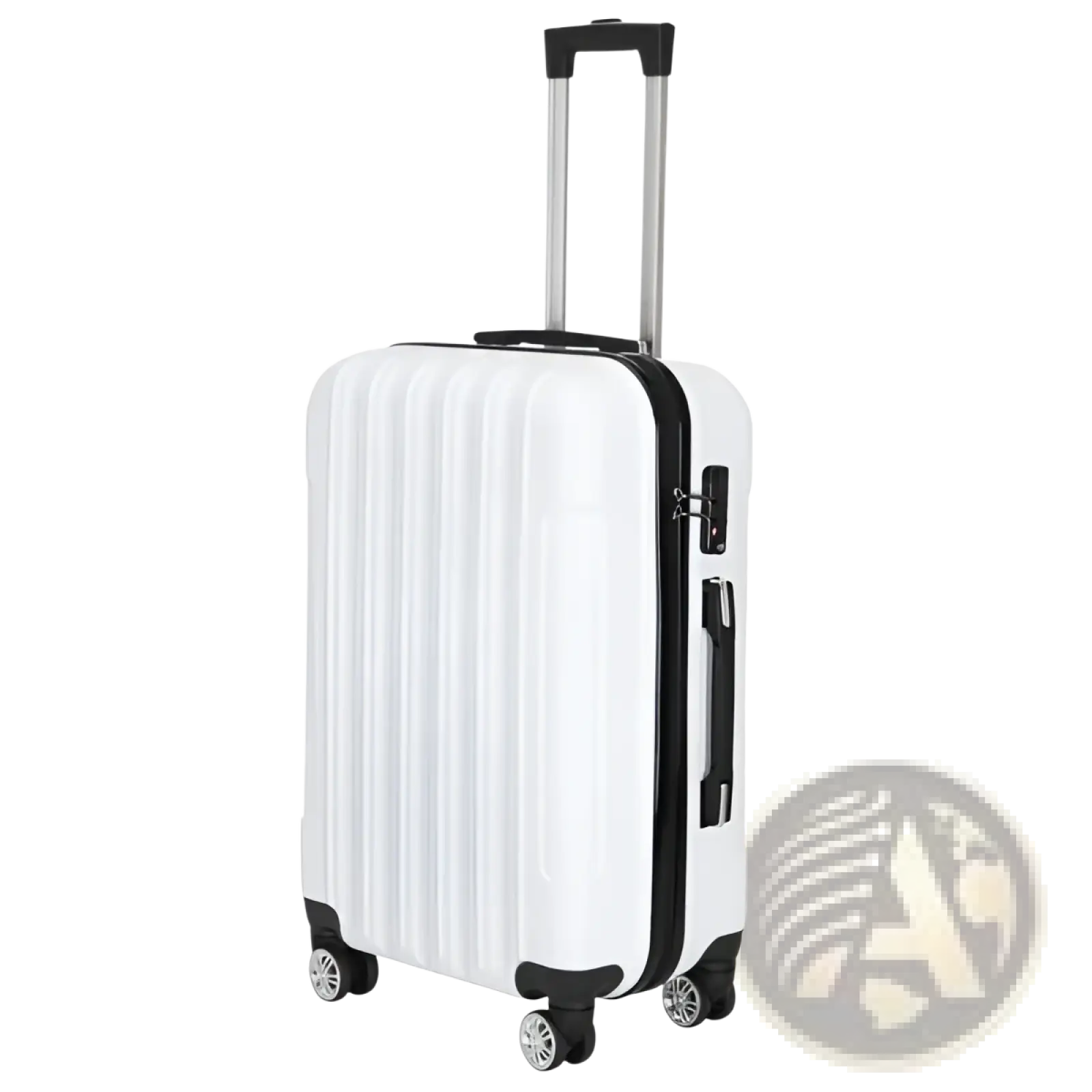 White hard shell spinner suitcase with black trim handle and wheels from a three piece set