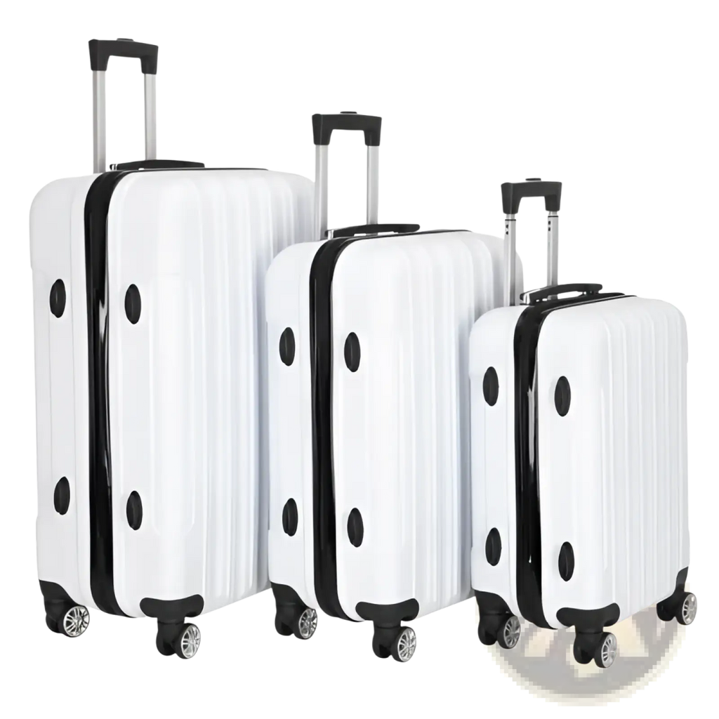 Set of three white hard shell spinner suitcases with black trim and circular handles for organized travel