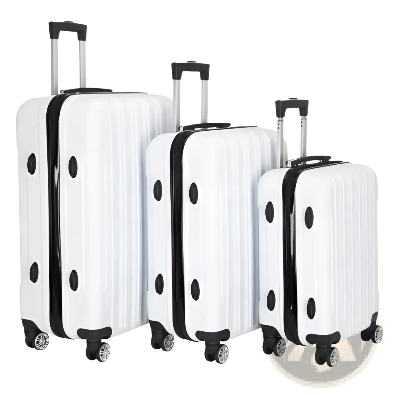 Set of three white hard shell spinner suitcases with black trim and circular handles for organized travel