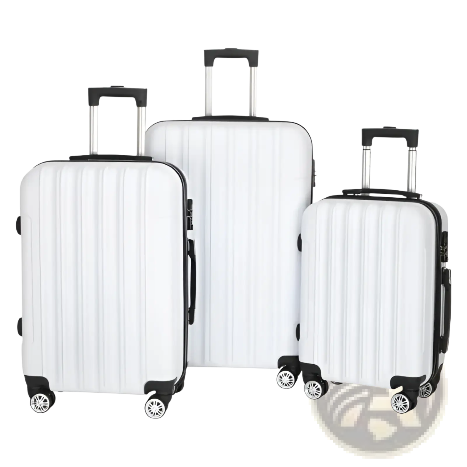 Set of three white hard shell spinner suitcases with black trim and silver wheels in a 3 piece luggage set