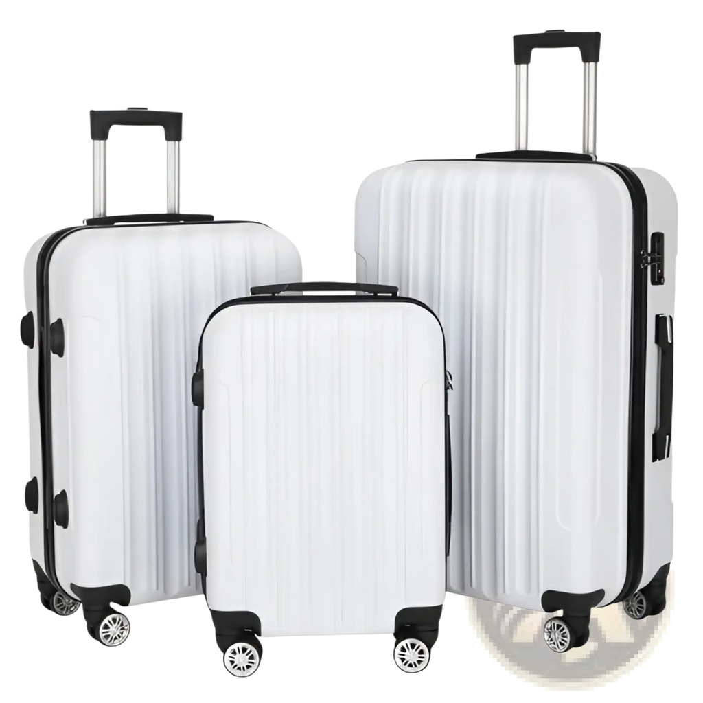Set of three white hard shell spinner suitcases with black trim and wheels for durable travel luggage