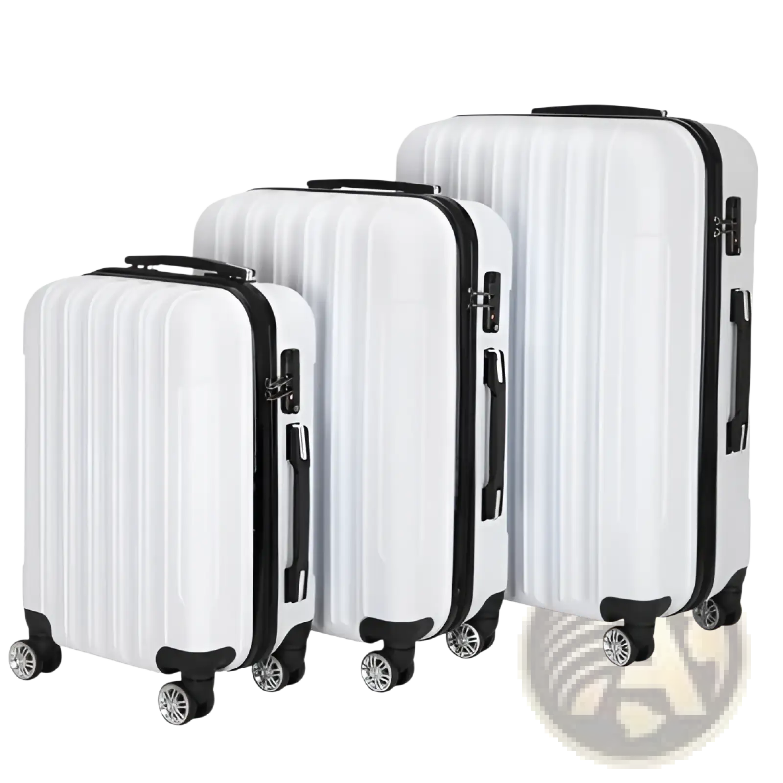 Set of three white hard shell spinner suitcases with black trim and silver wheels in a 3 piece suitcase set