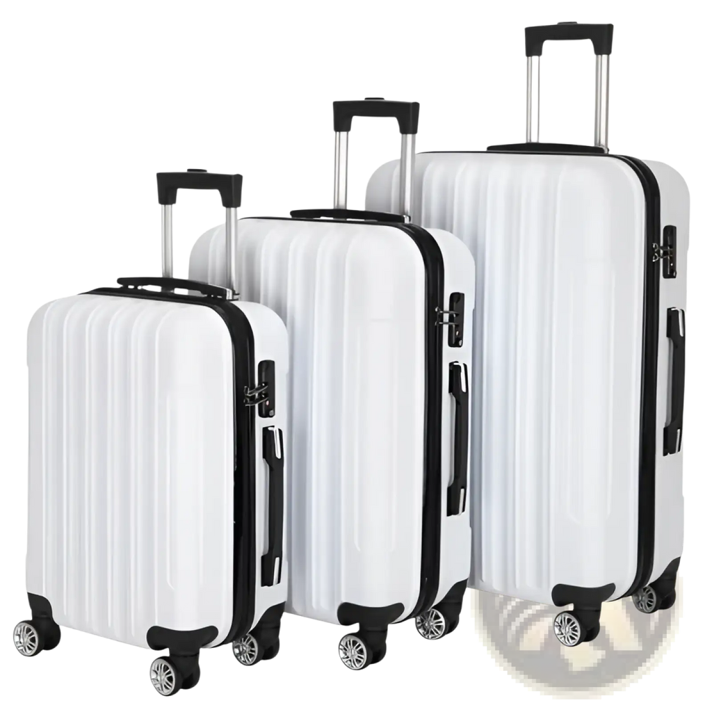 Set of three white hard shell spinner suitcases with black trim and wheels for convenient travel