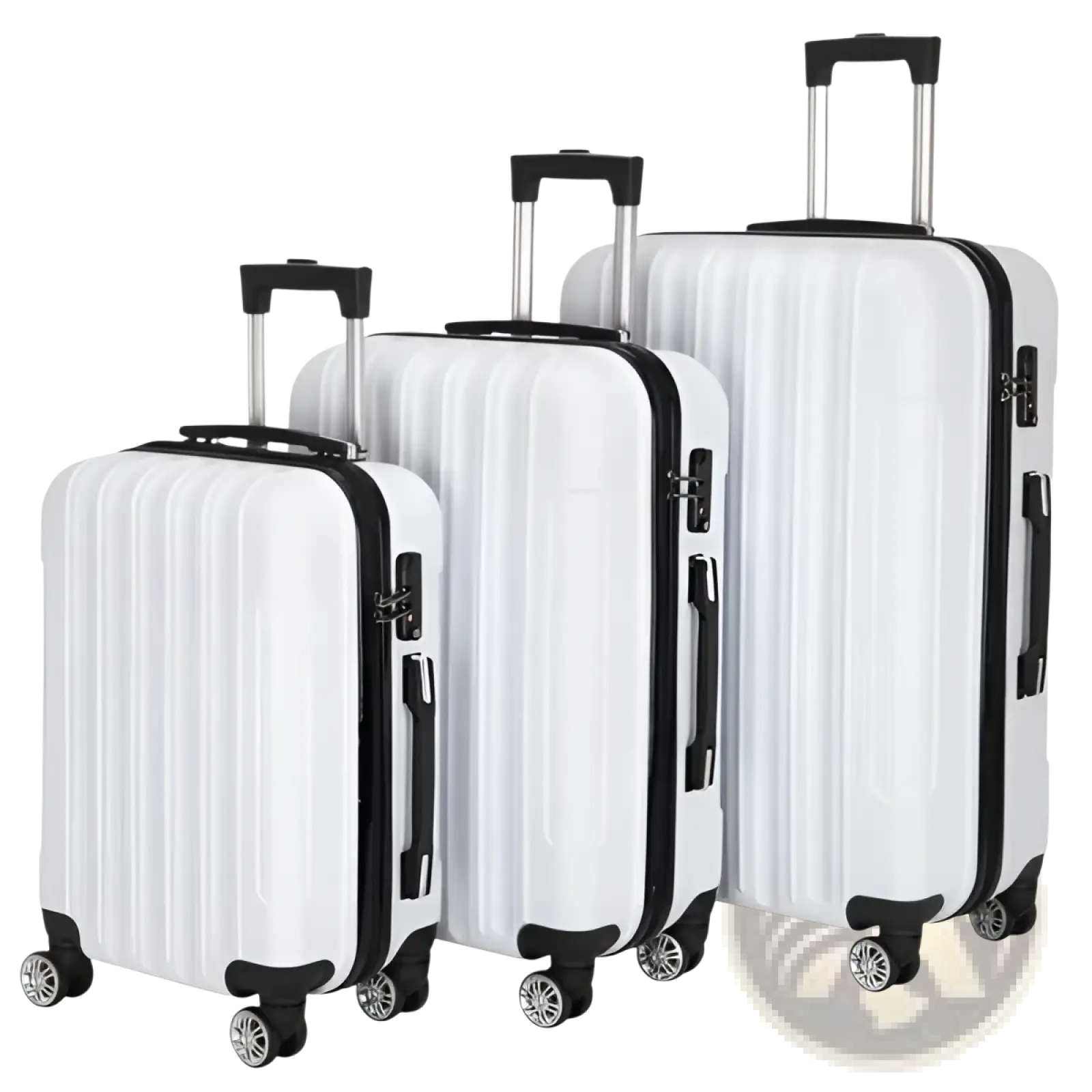Set of three white hard shell spinner suitcases with black trim and wheels for convenient travel
