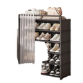 White 6 tier dustproof shoe rack with black metal frame and five shelves featuring a translucent sheer curtain panel on left side