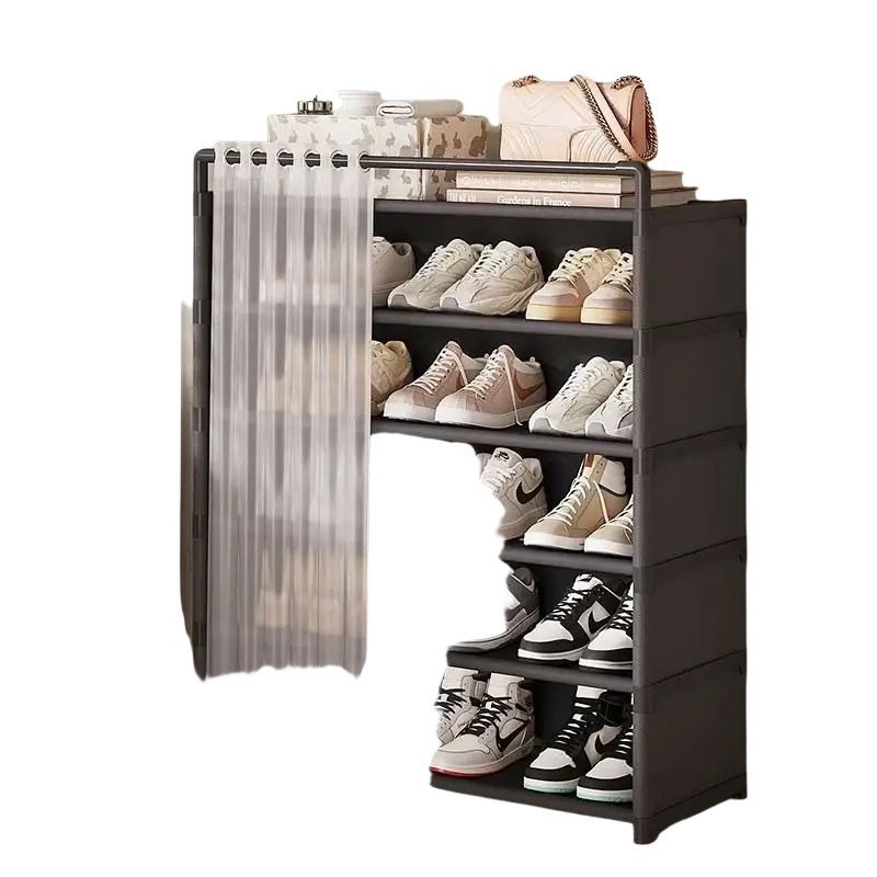 White 6 tier dustproof shoe rack with black metal frame and five shelves featuring a translucent sheer curtain panel on left side