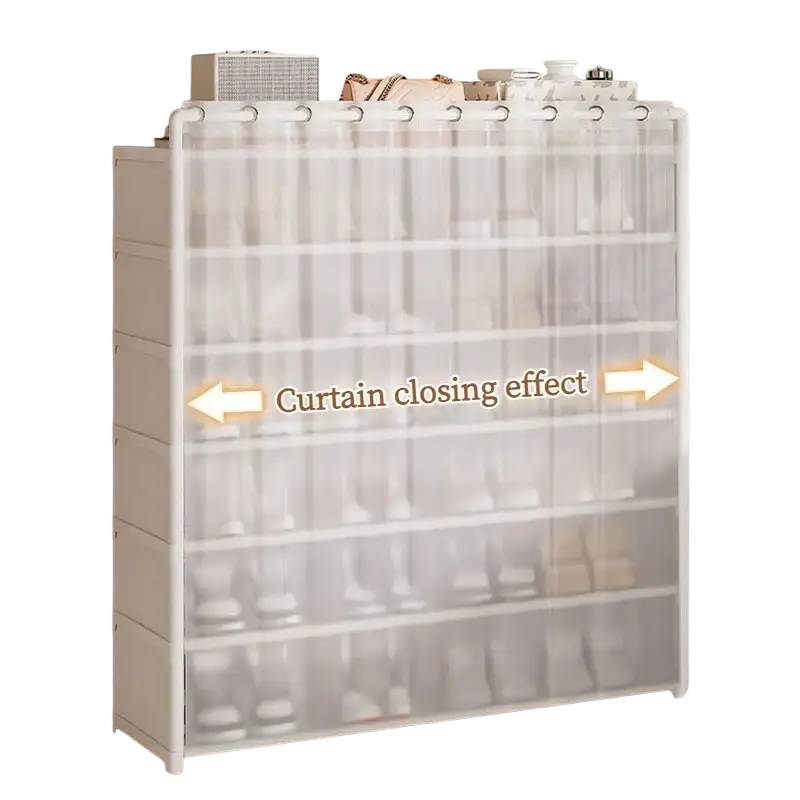 White 6 tier dustproof shoe rack organizer with clear plastic shelves, white frame, and curtain style cover closing effect