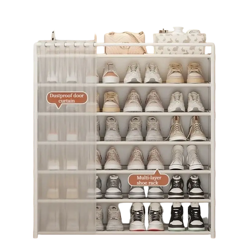 White 6 tier dustproof shoe rack organizer with multi-layer design and transparent curtain for shoe storage