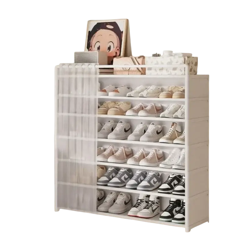 White 6 tier dustproof shoe rack organizer with transparent front panel for efficient shoe storage and protection