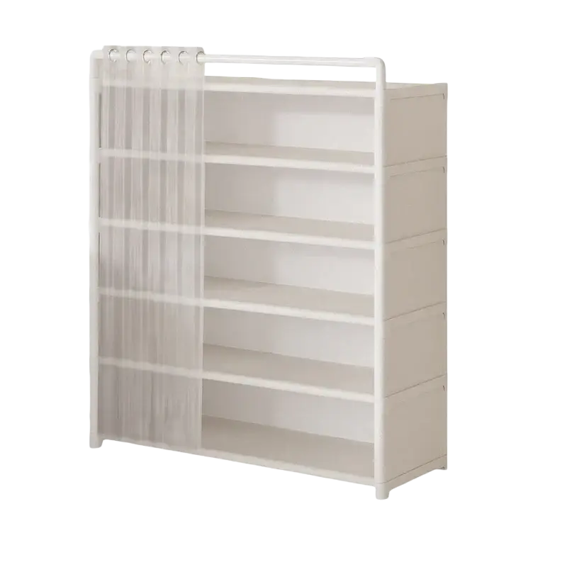 White 6 tier dustproof shoe rack organizer made of plastic with sheer curtain door for shoe storage and protection