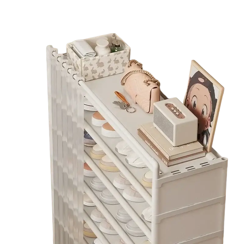 White 6 tier dustproof shoe rack organizer made of plastic with mesh side panel and multiple shelves for shoe storage