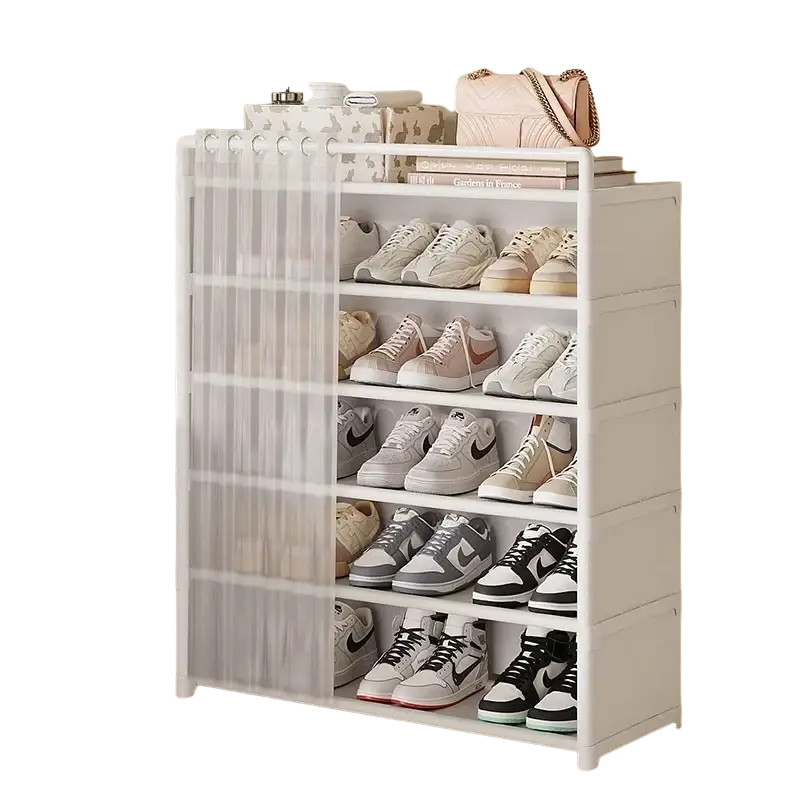 White 6 tier plastic shoe rack with transparent curtain panel for dustproof shoe storage and organization