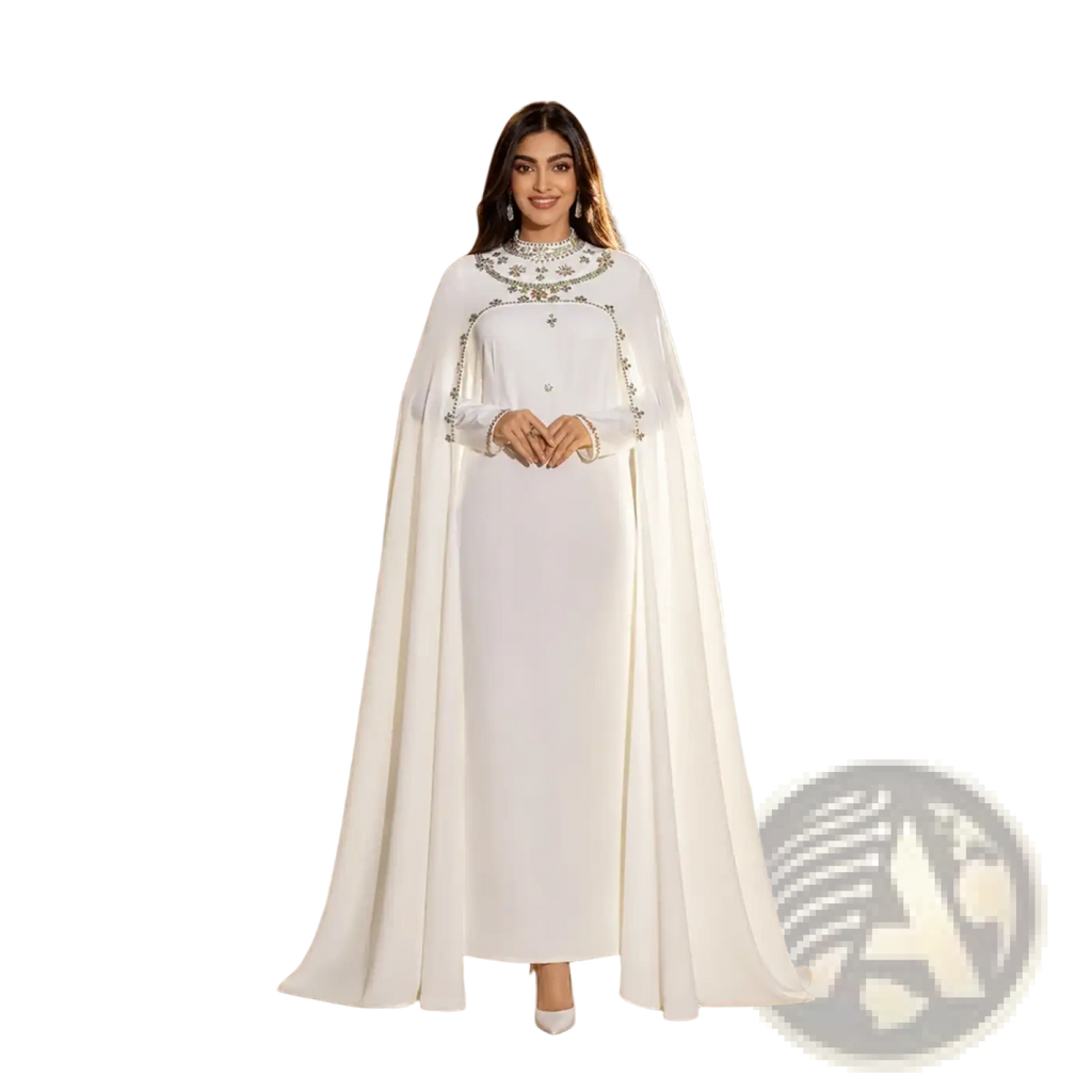 Elegant white beaded cape abaya maxi dress with intricate silver beading along neckline and cuffs on lightweight fabric