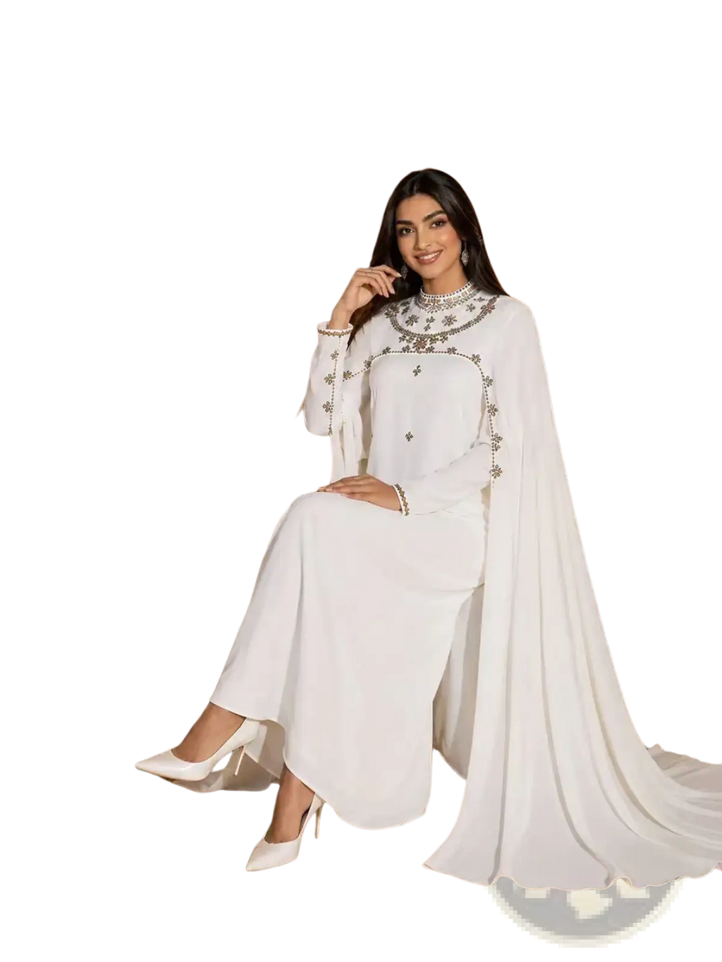 White beaded cape abaya maxi dress with white embroidery long sleeves and flowing train shown from the back side