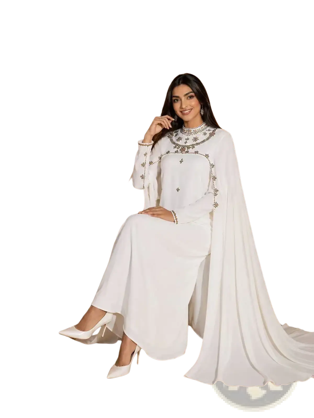 White beaded cape abaya maxi dress with white embroidery long sleeves and flowing train shown from the back side