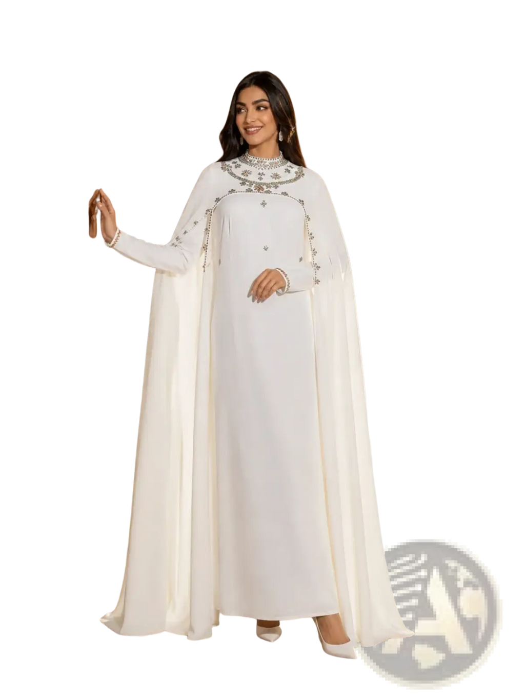 White beaded cape abaya maxi dress in flowing white fabric with intricate silver beading on neckline and sleeves