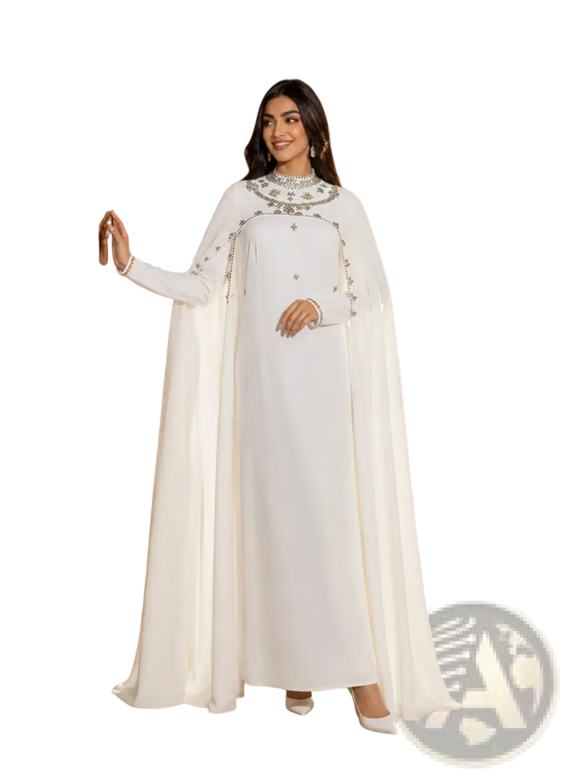 White beaded cape abaya maxi dress in flowing white fabric with intricate silver beading on neckline and sleeves