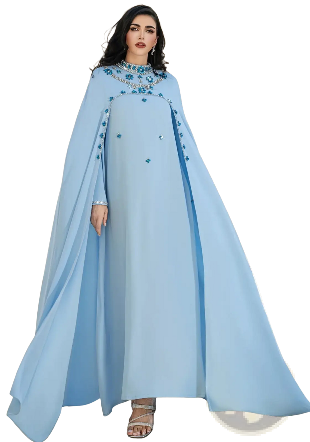 White beaded cape abaya maxi dress in flowing light blue fabric with intricate turquoise beading on neckline and sleeves