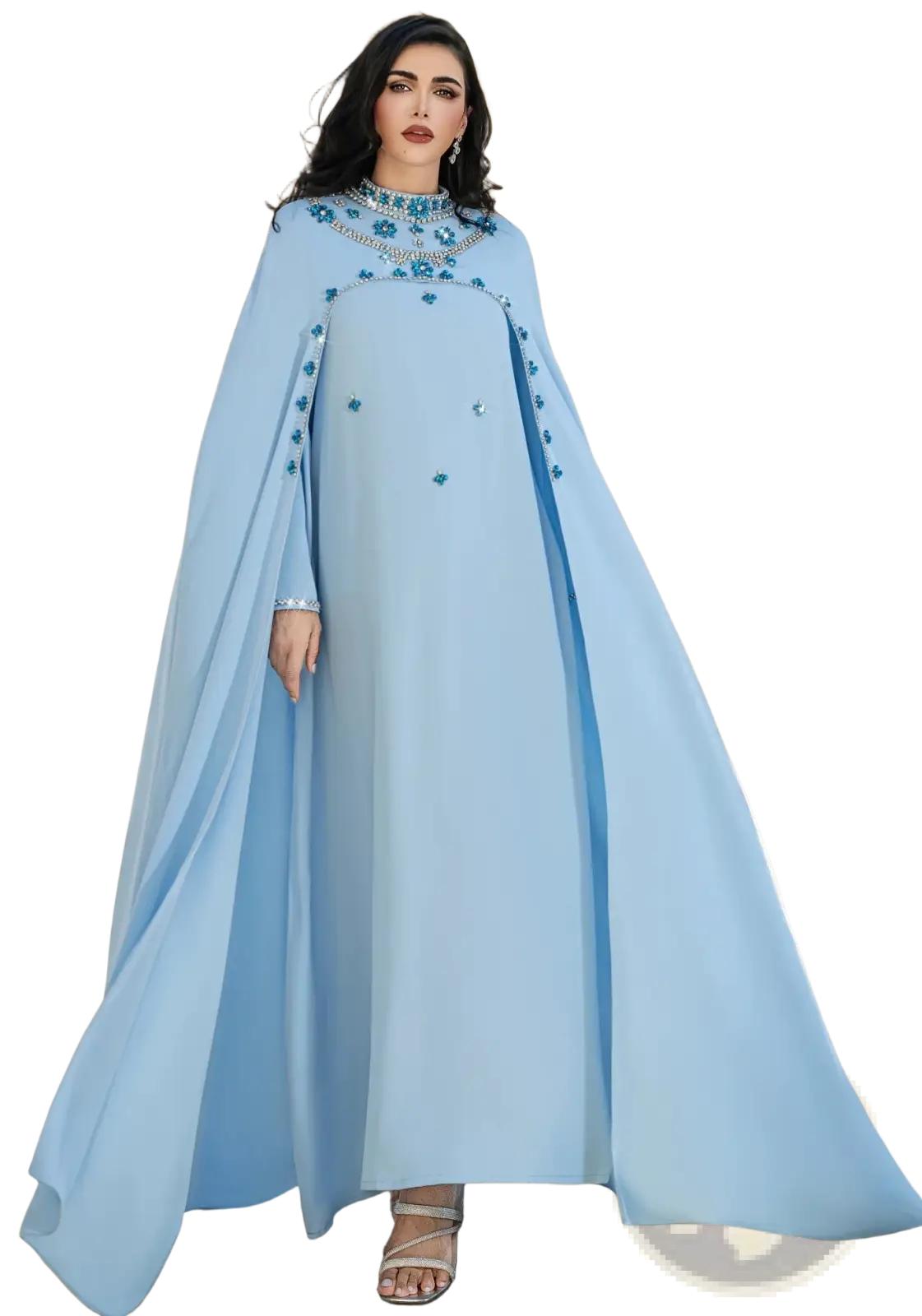 White beaded cape abaya maxi dress in flowing light blue fabric with intricate turquoise beading on neckline and sleeves