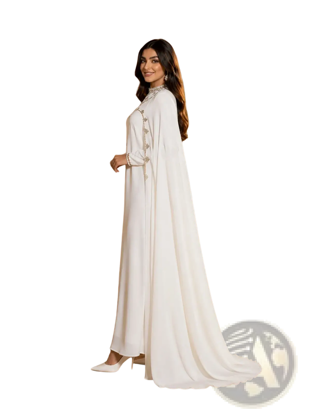 White beaded cape abaya maxi dress with flowing white fabric and intricate beaded detailing on neckline and front closure