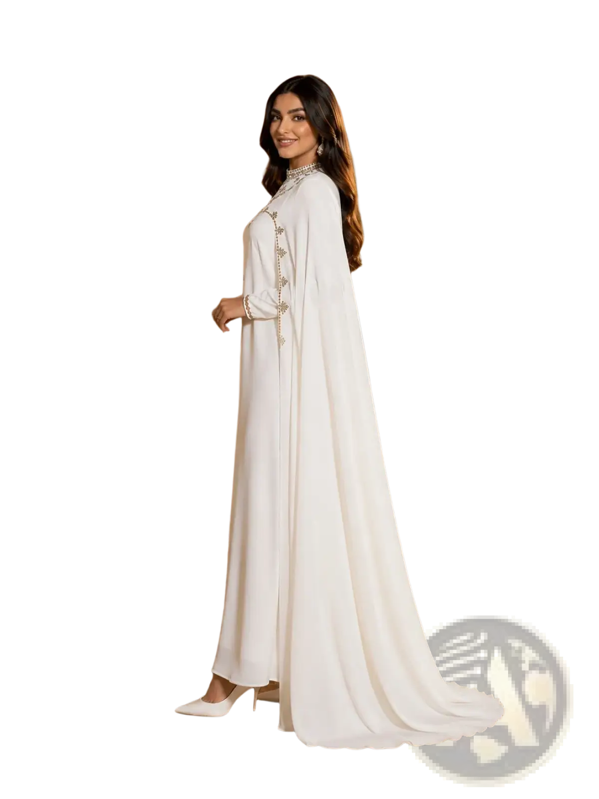 White beaded cape abaya maxi dress with flowing white fabric and intricate beaded detailing on neckline and front closure