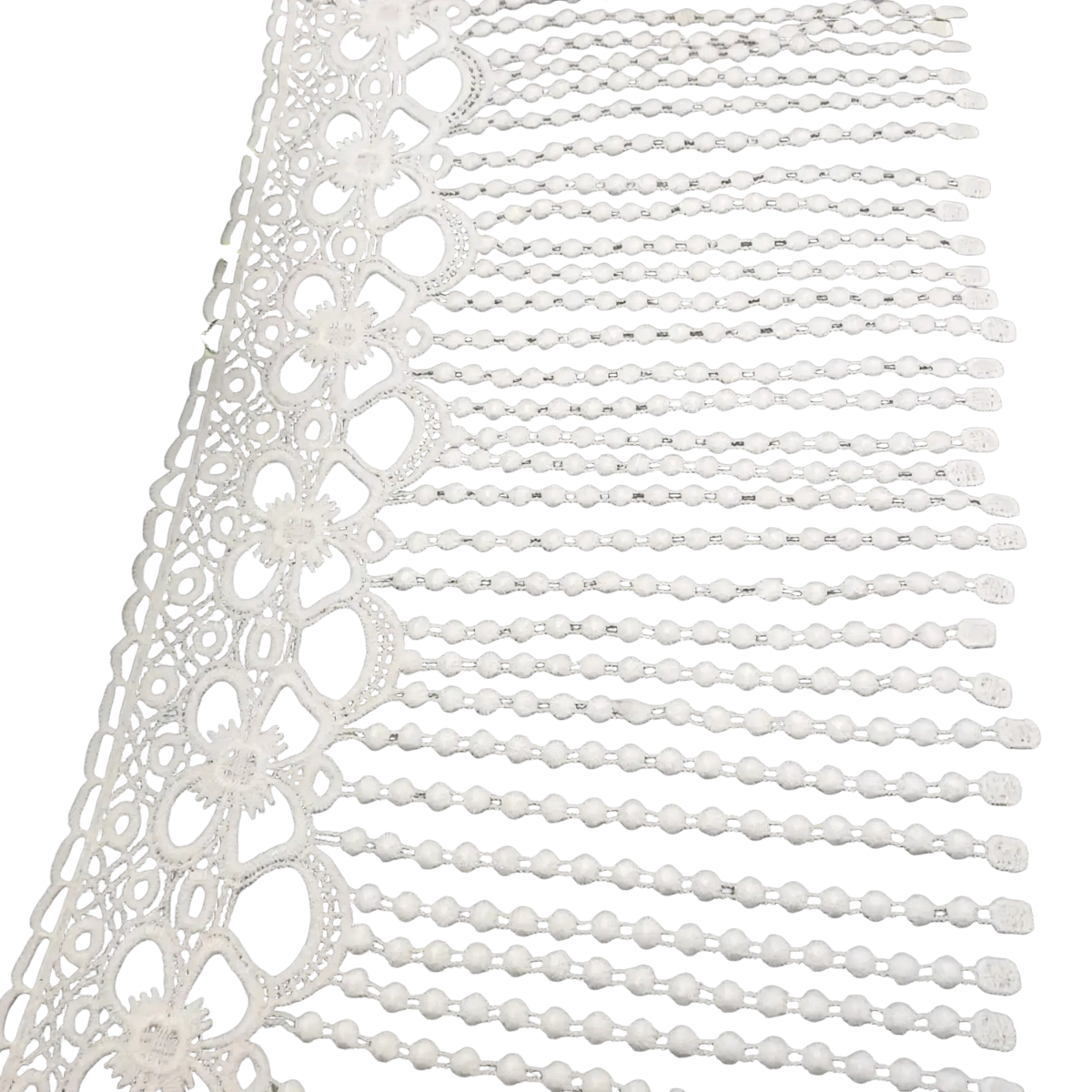 White beaded lace trim fabric featuring intricate white floral patterns and delicate beaded fringe detail